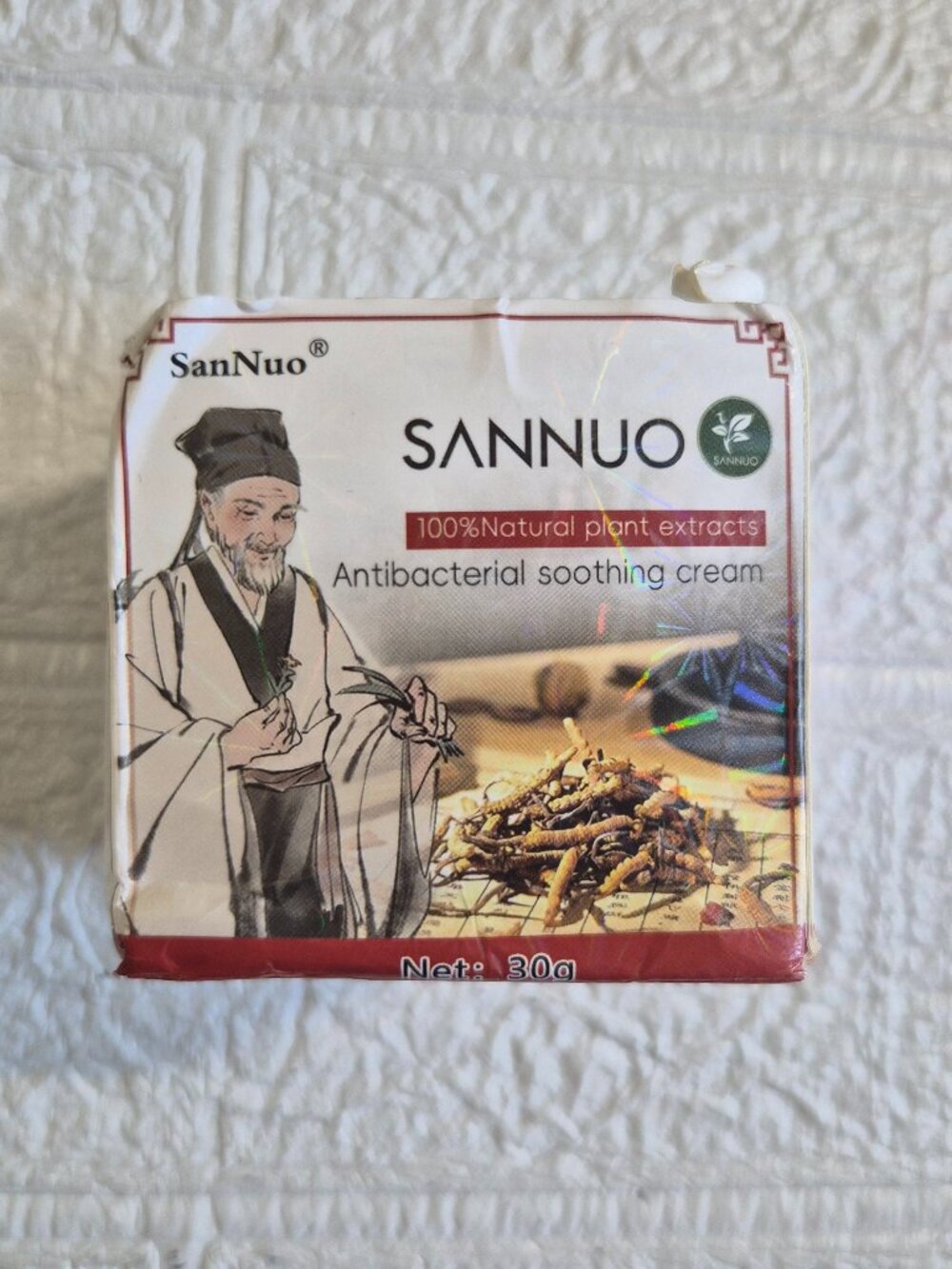SanNuo Antibacterial Soothing Cream labeled with a net weight of 30g Plant based